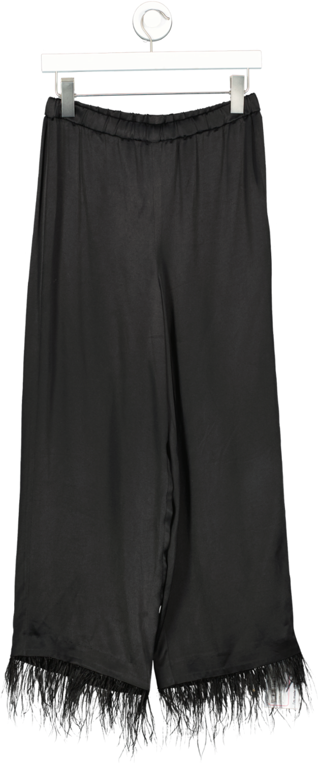 Karen Millen Black Viscose Satin Crepe Feather Trim Trousers UK 8