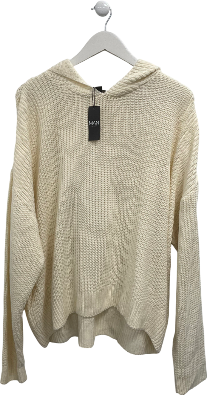 boohooMan Cream Boxy Knitted Ribbed Hoodie UK M