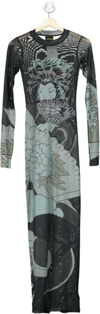 Ed Hardy Black Womens Geisha Fan Mesh Long Sleeve Maxi Dress UK S