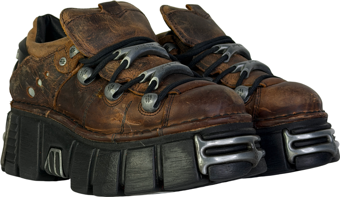 New Rock Brown Leather Gothic Ankle Platform Boots UK 4 EU 37 👠