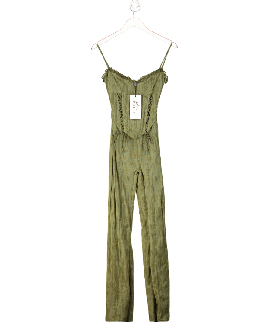 Oh Polly Carmen Lace-up Ruffled Flared Jumpsuit In Green Print UK S
