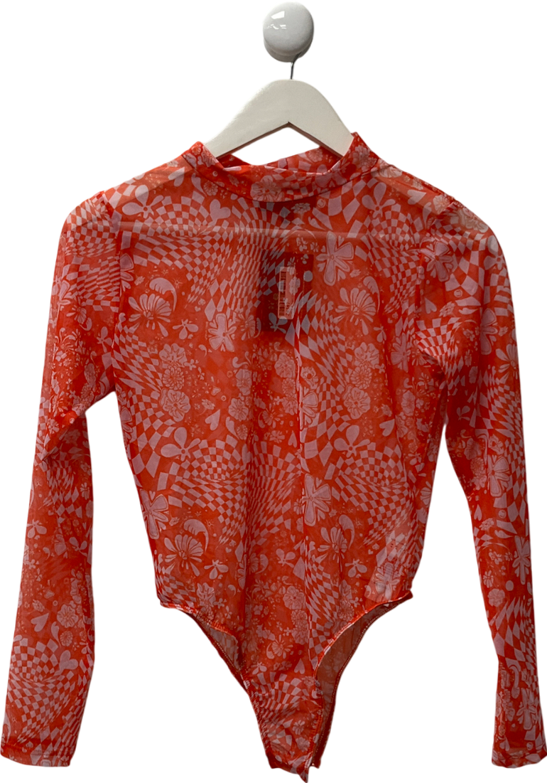 New Girl Order Orange Print Mesh Mock Neck Bodysuit UK 10