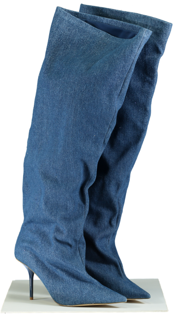 Good American Blue Denim Stiletto Knee-High Boots UK 7