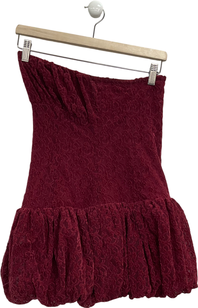 PrettyLittleThing Cherry Red Lace Bandeau Ruched Mini Dress UK 8