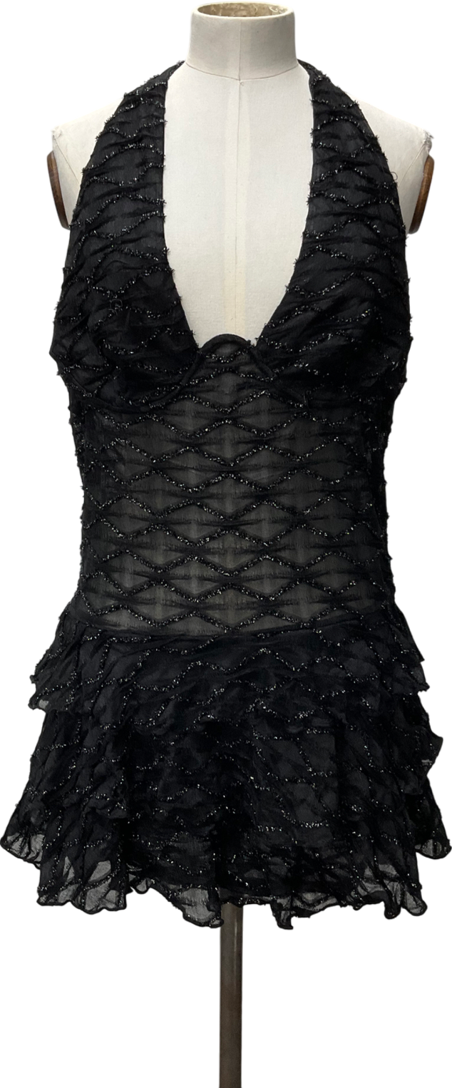 PrettyLittleThing Black Glitter Detail Ruffle Mini Dress UK 14