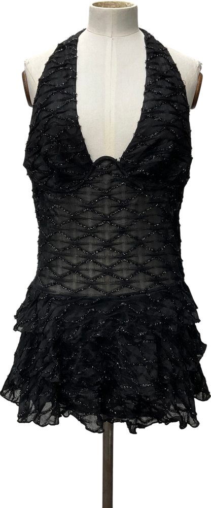 PrettyLittleThing Black Glitter Detail Ruffle Mini Dress UK 14