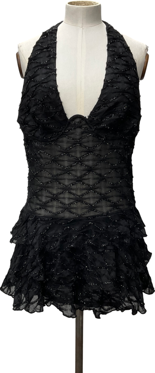 PrettyLittleThing Black Glitter Detail Ruffle Mini Dress UK 14