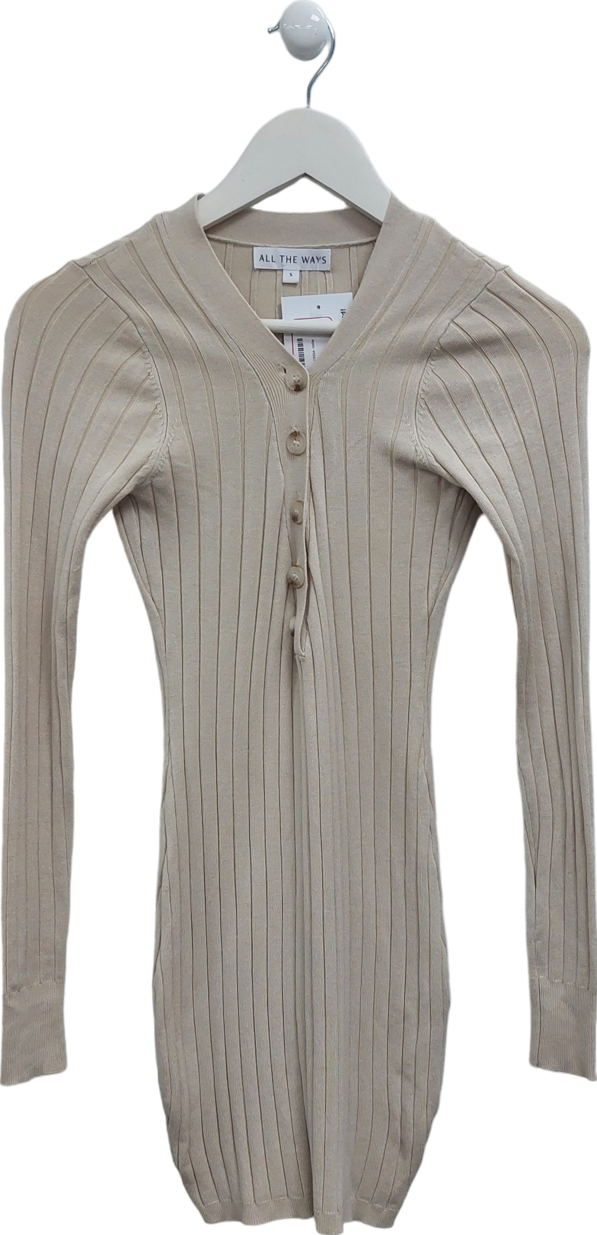 All the Ways Beige Ribbed Button Down Dress UK S