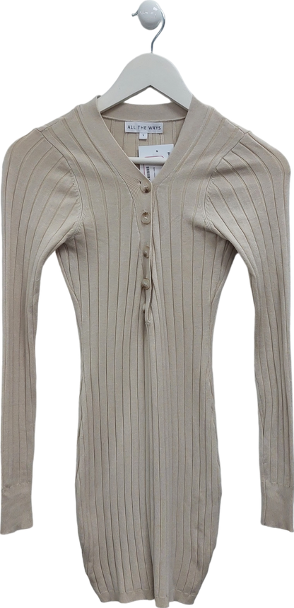 All the Ways Beige Ribbed Button Down Dress UK S