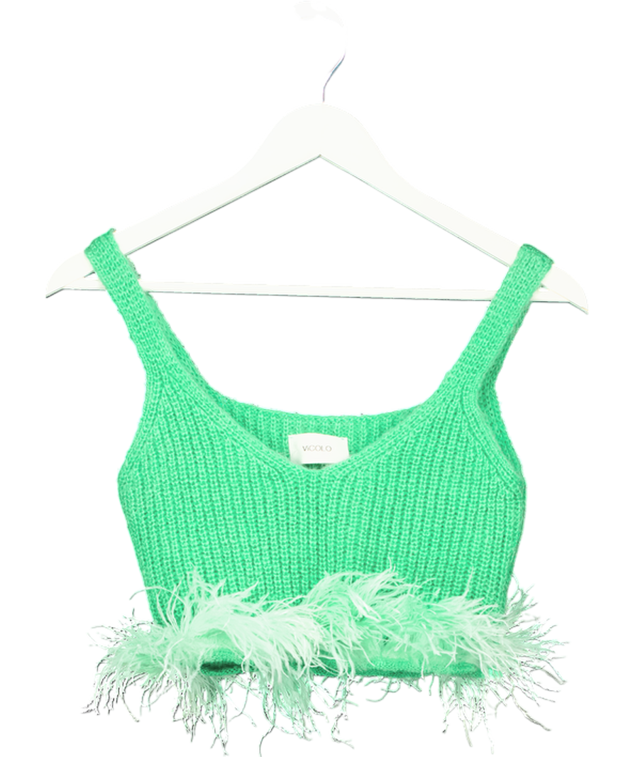 Vicolo Green Ribbed Crop Top With Feathers One Size