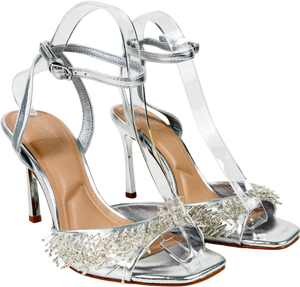 New Look Metallic Silver Faux Leather Beaded Strap Stiletto Sandals UK 5 EU 38