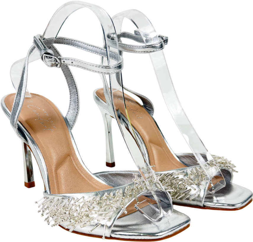 New Look Metallic Silver Faux Leather Beaded Strap Stiletto Sandals UK 5 EU 38