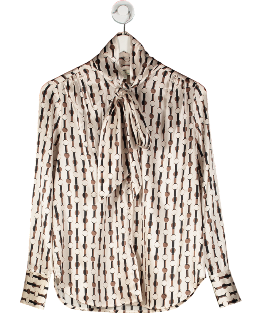 Charlotte Sparre Beige Dot Stripe Stretch Silk Bow Neck Blouse UK S