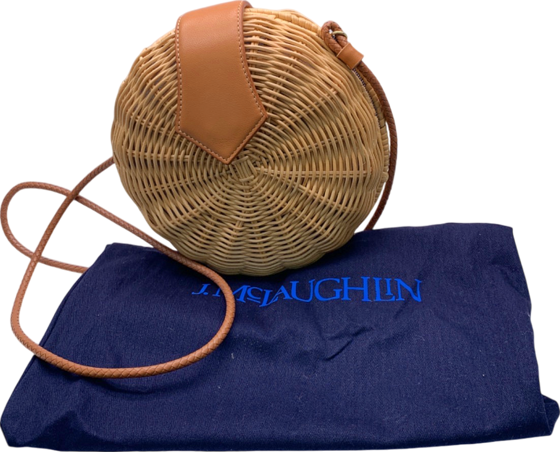 J McLaughlin Tan Round Woven Rattan Crossbody Bag