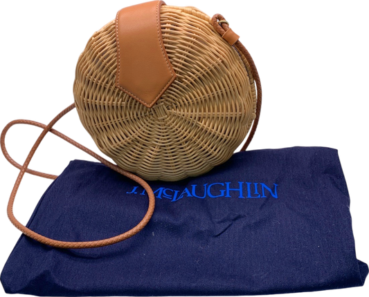 J McLaughlin Tan Round Woven Rattan Crossbody Bag