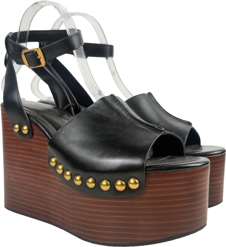 ZARA Black Leather Platform Wedge Sandal UK 6 EU 39