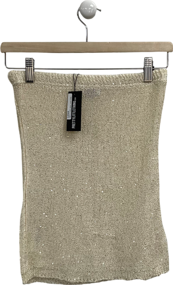 PrettyLittleThing Cream Sequin Knit Micro Mini Skirt UK M