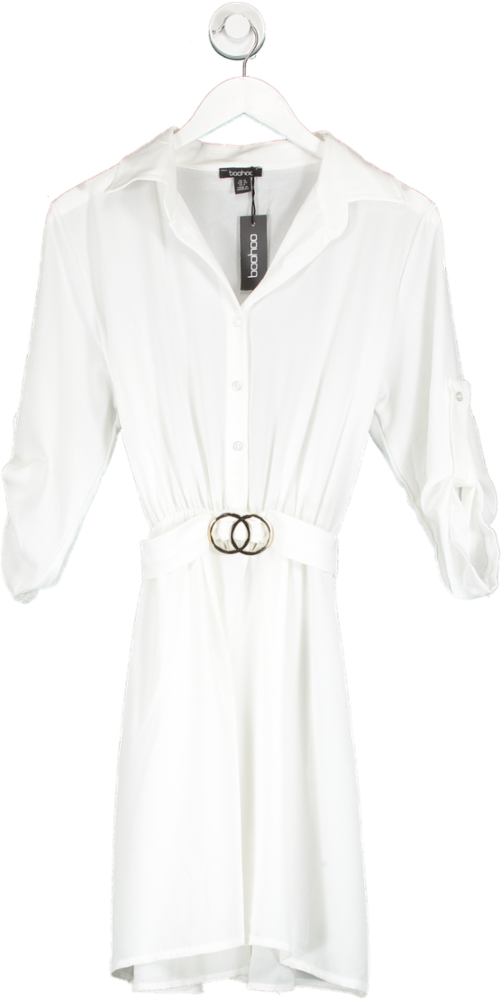 boohoo White Belted Shirt Dress UK 12