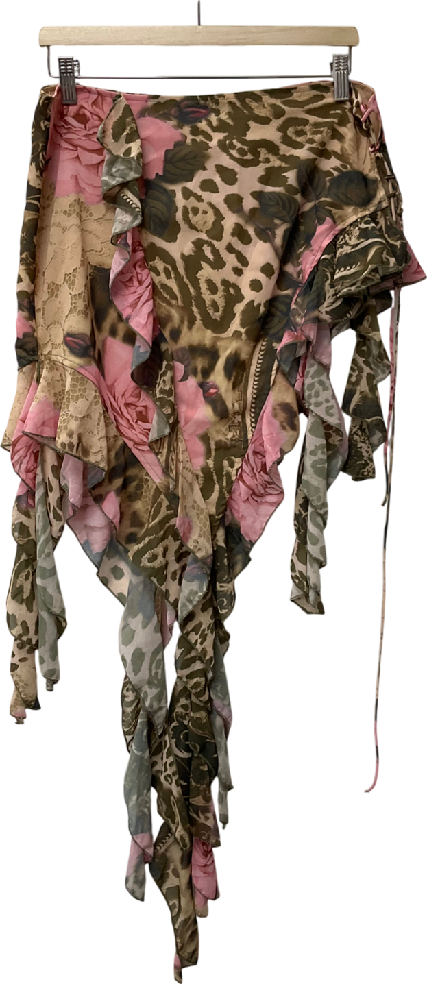 PrettyLittleThing Multicoloured Pleopard Print Chiffon Frill Detail Midi Skirt UK 12