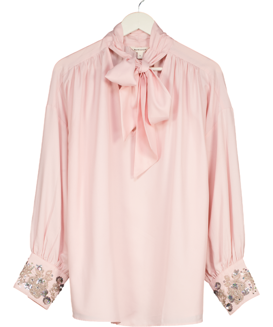 Monsoon Pink Ann Pussybow Embellished Blouse UK L