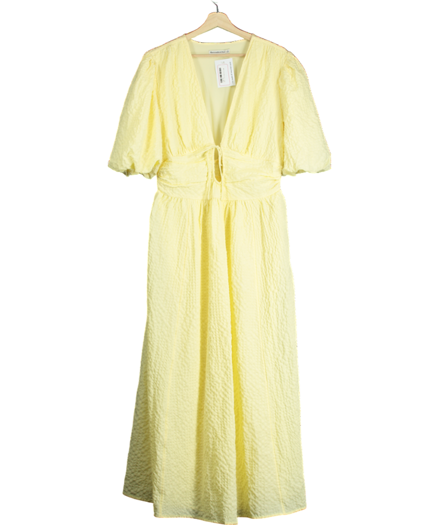 Abercrombie & Fitch Yellow Puff Sleeve Plunge Flowy Dress UK L