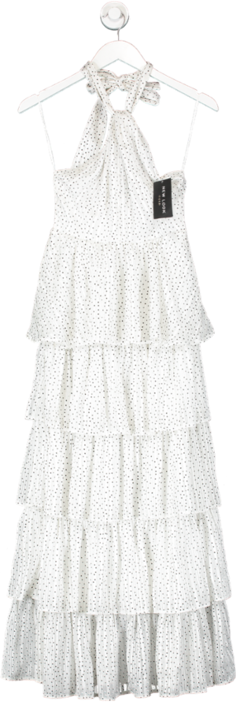New Look White Ruffle High Neck Dotty Occasion Dress UK 6