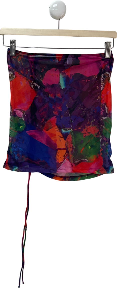 White Fox Multicoloured Abstract Print Drawstring Skirt UK XS