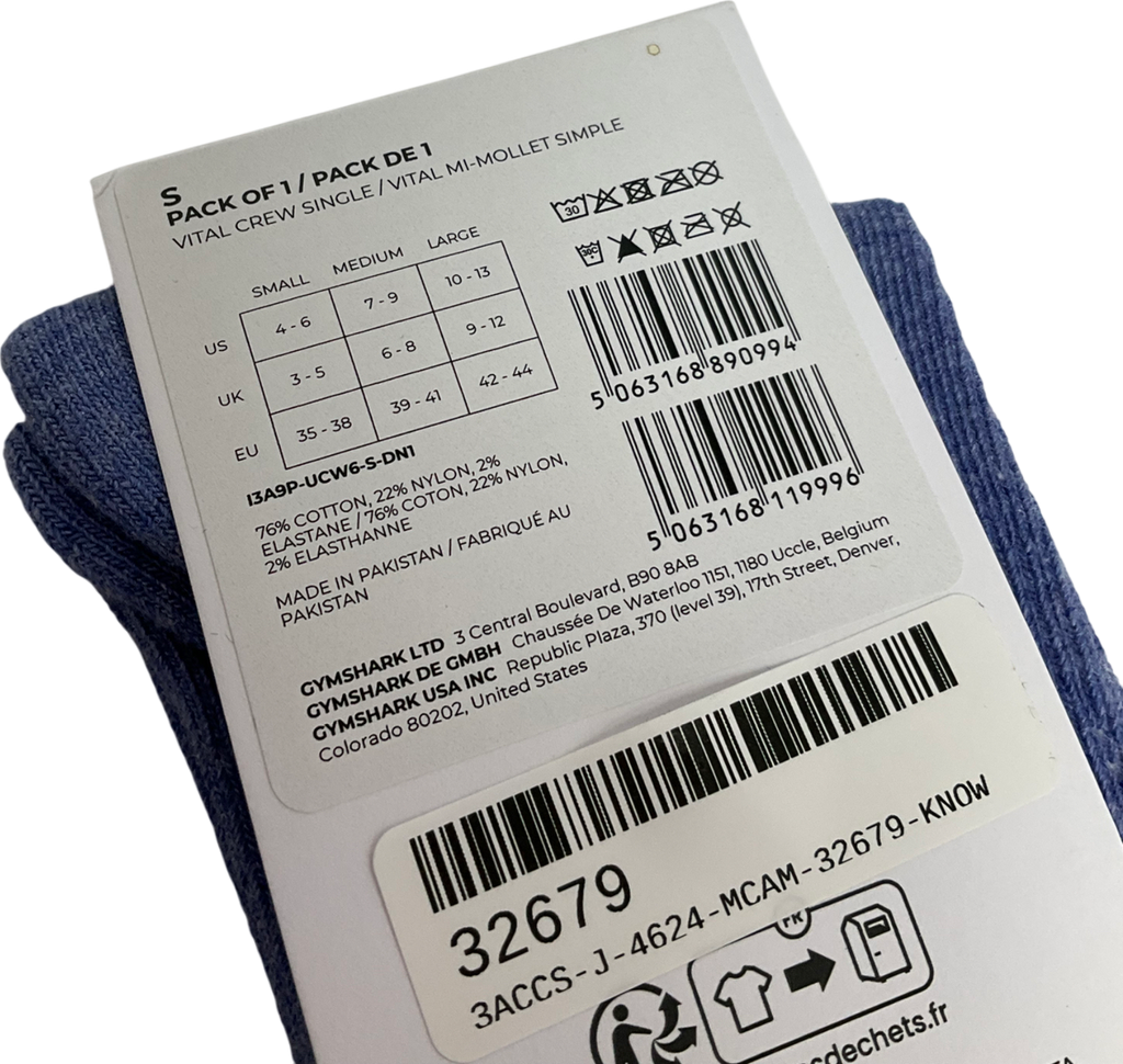 gymshark Blue Vital Crew Socks UK S