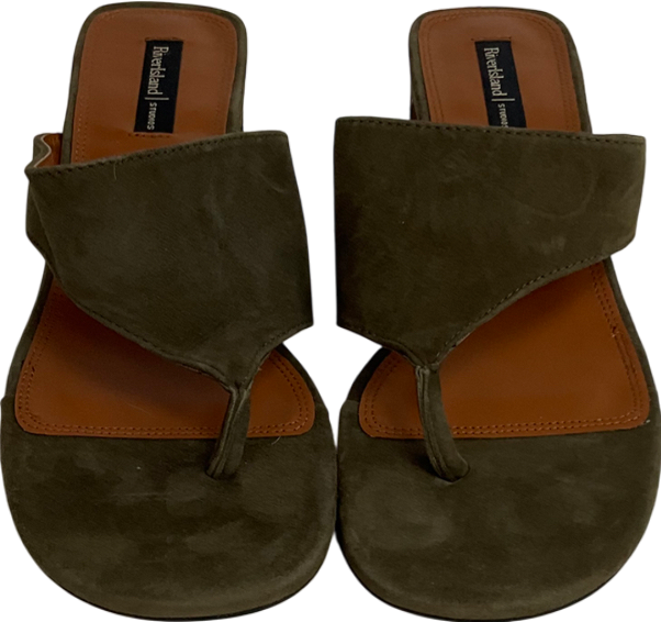 River Island Green Khaki Suede Block Heeled Mule Sandal UK 5 EU 38 👠
