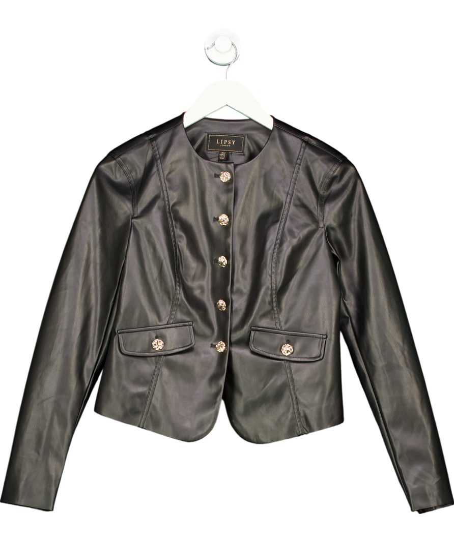 lipsy london Black Faux Leather Collarless Jacket UK 6