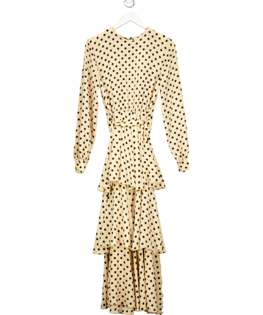 cream dress with black spots Mac Duggal Polka Dot Charmeuse V-Neck Midi Dress