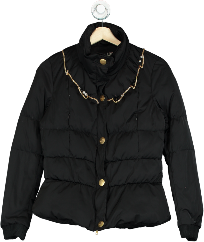 Love Moschino Black Quilted Jacket with Pearl & Chain Detail UK 12