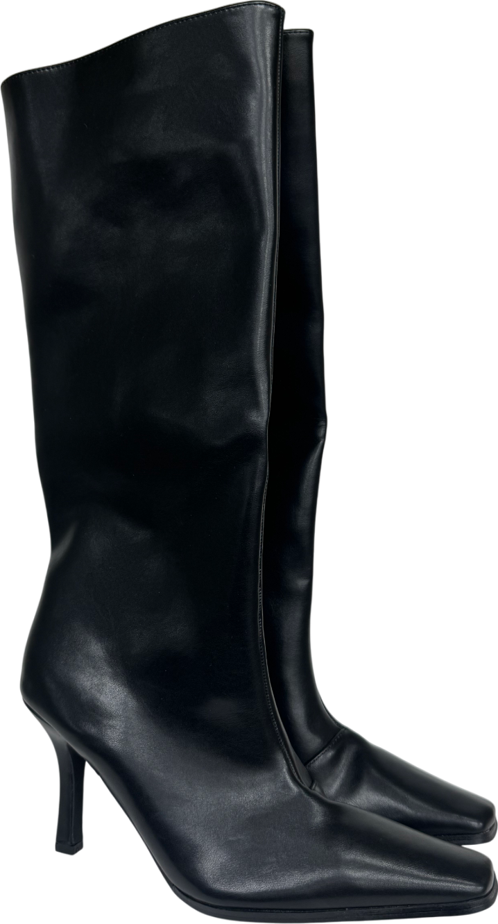 Ego Tarsier Pointed Toe Knee High Long Heeled Boot In Black Faux Leather UK 6 EU 39 👠