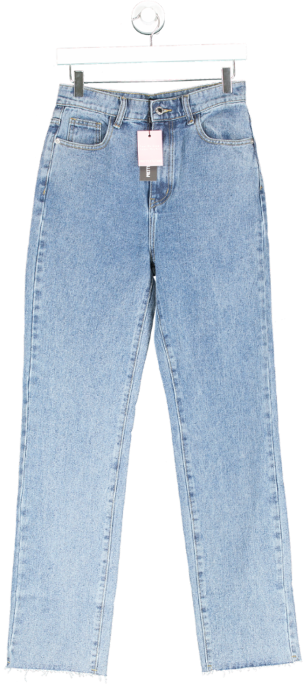 PrettyLittleThing Blue Long Straight Leg Raw Hem Jeans UK 8