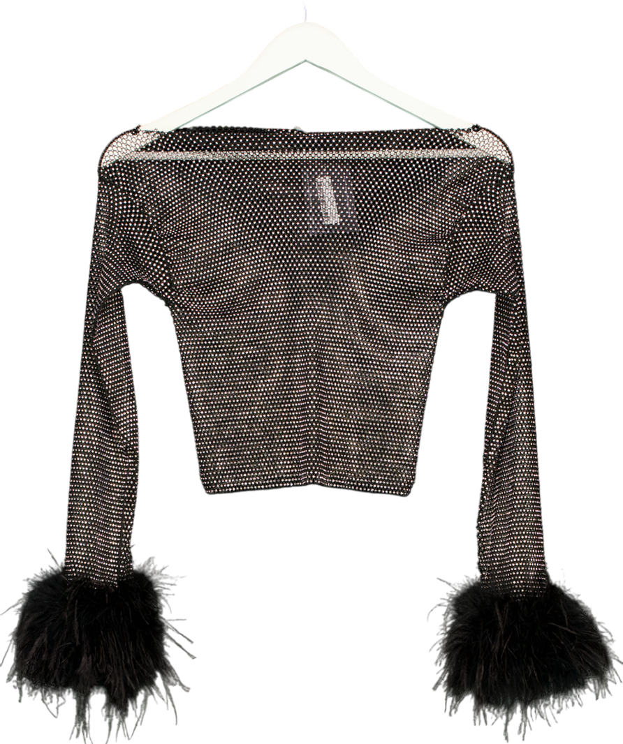 Black Dimante Sheer Feather Cuff Top UK XS/S