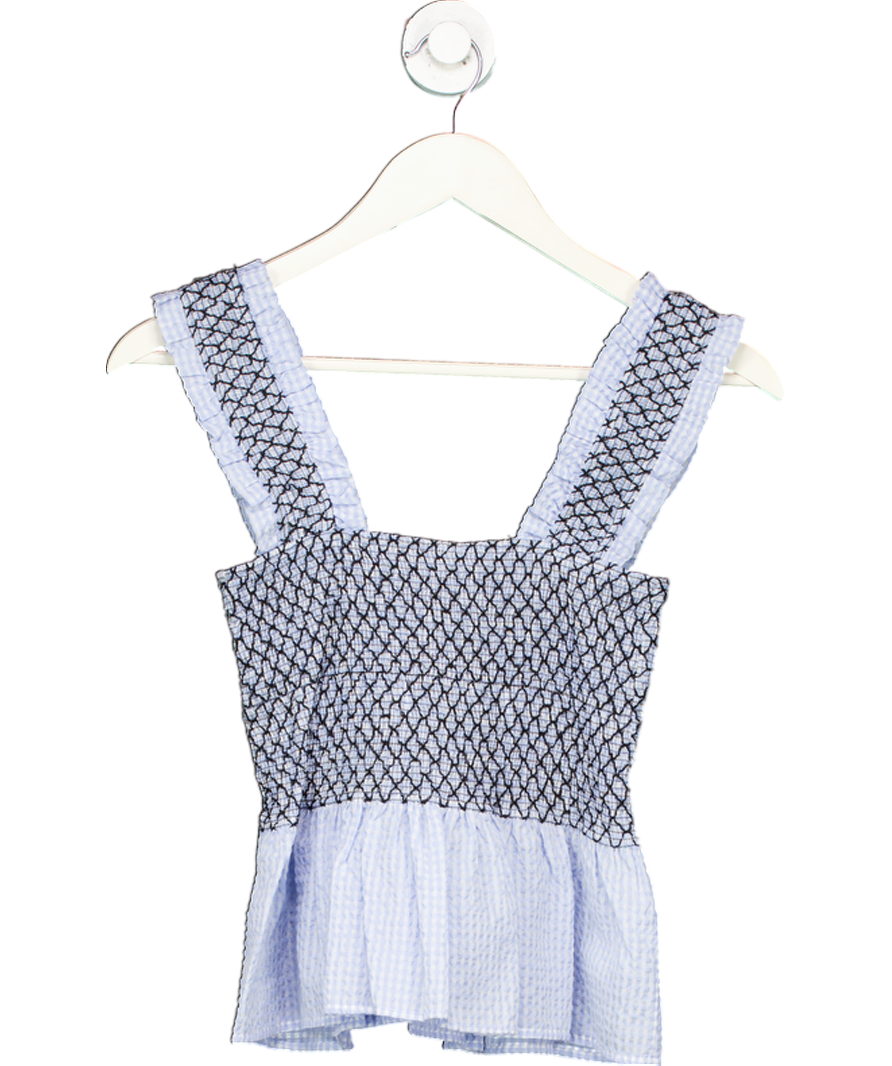 Ganni Blue Smocked Gingham Top UK 6