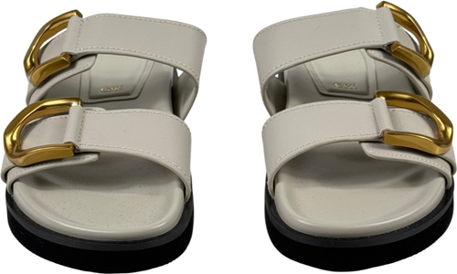 CHARLES & KEITH Gabine Buckled Leather Slides - Chalk Grey UK 6 EU 39