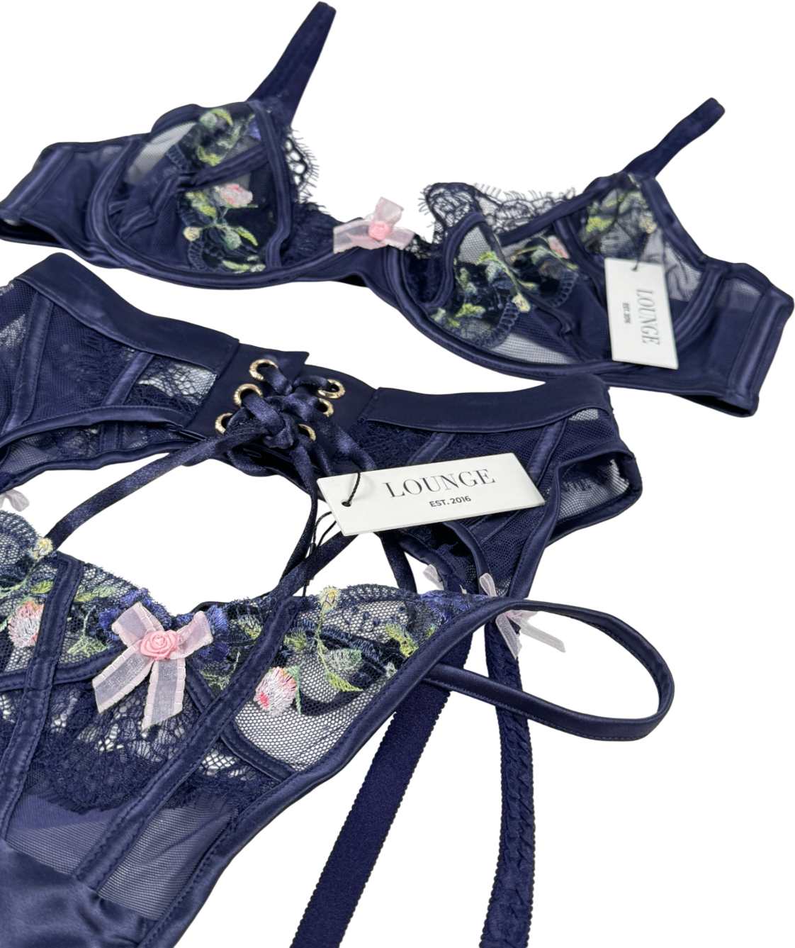 Lounge Underwear 3-piece Navy Blue Lace Floral Intimates Bra 34d/knicker/suspender Set UK XS