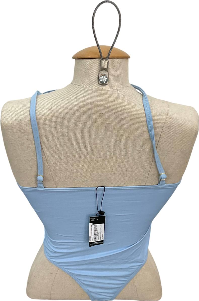 PrettyLittleThing Dusty Blue Gold Trim Asymmetric Swimsuit UK 10