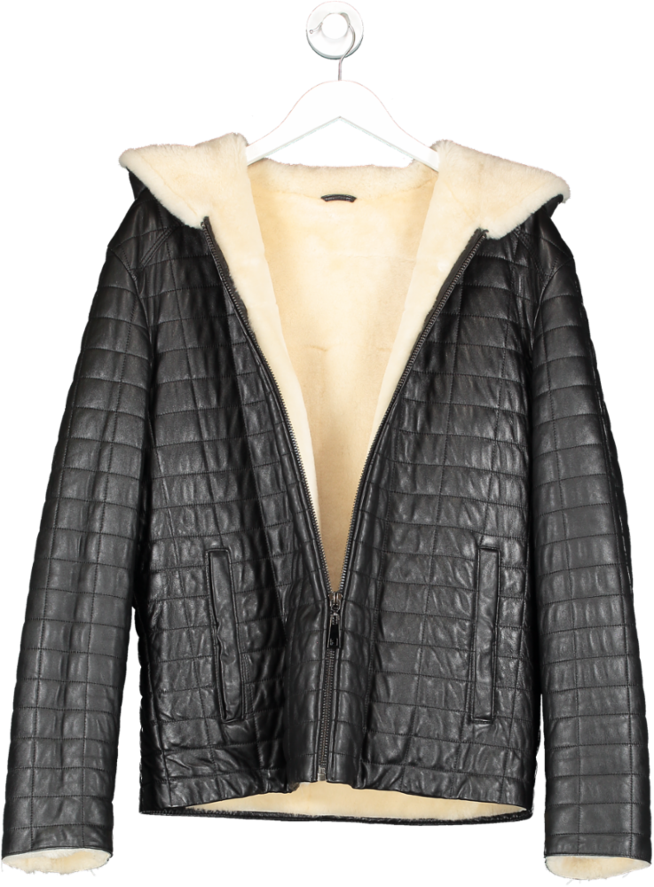 Helmsman Collection Black Luxury Quilted Leather Hooded Jacket With Shearling Lining UK 50"
