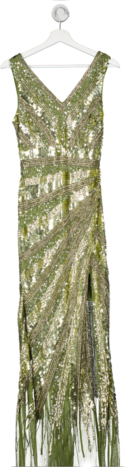 Karen Millen Green Deco Crystal Embellished Plunge Midi Dress UK 12