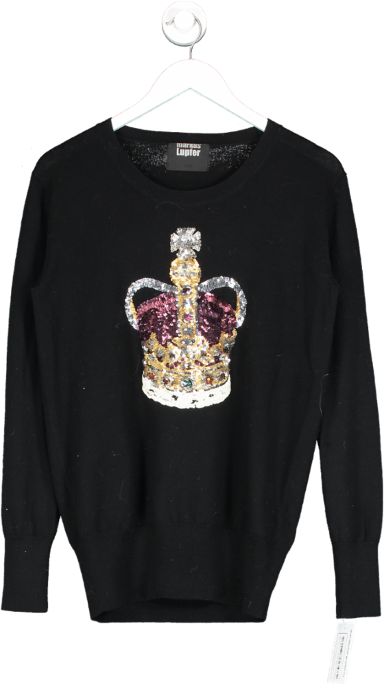 Markus Lupfer Black Crown Sequin Merino Wool Jumper UK S
