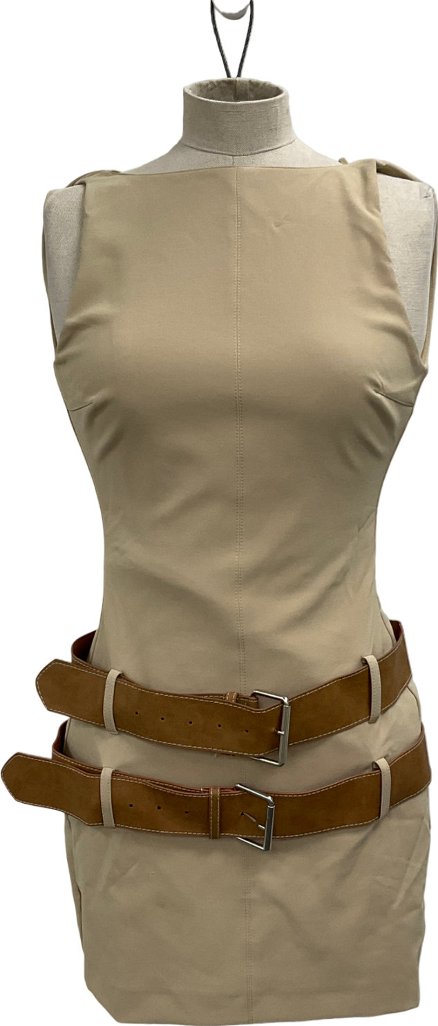 ZARA Short Fitted Dress With Double Belt Light Camel Beige UK 8