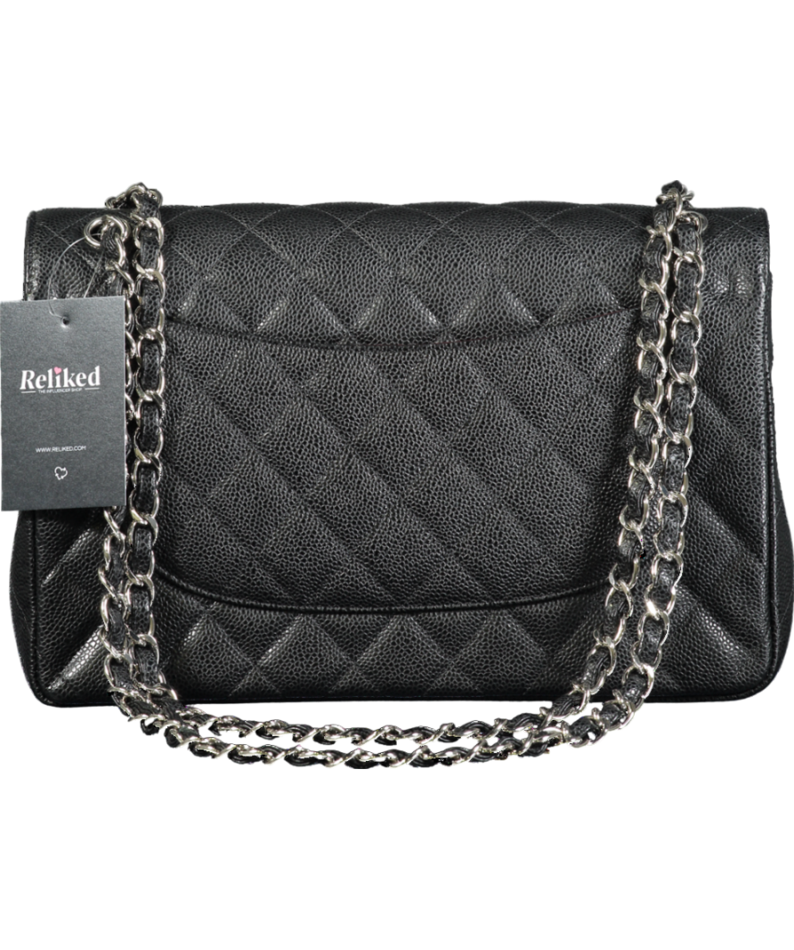 CHANEL Black Jumbo Classic Double Flap Bag in Caviar Leather with Silver Hardware