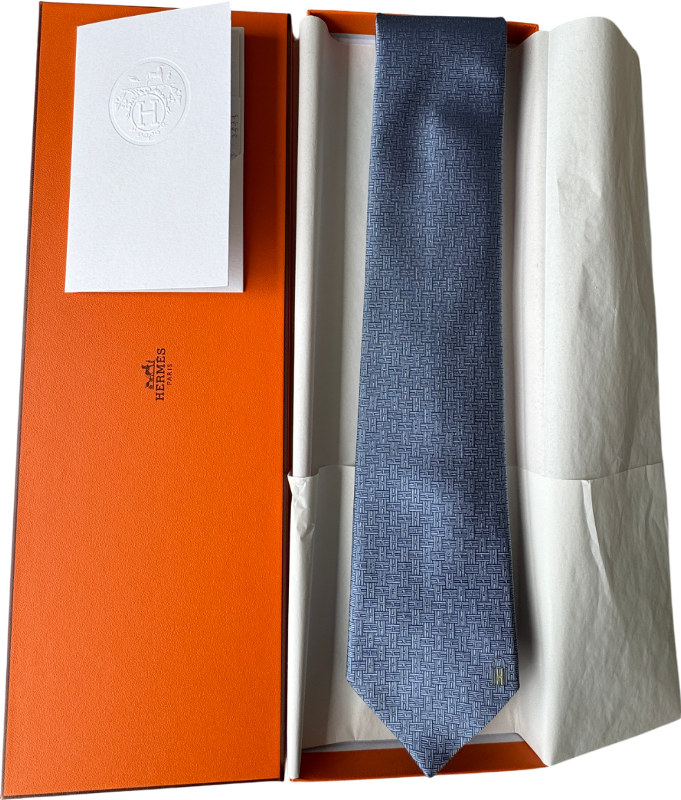 Hermès Blue 'H' Logo 100% Silk Neck Tie 659343T