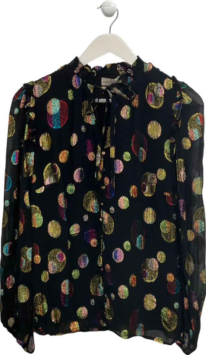 Love & Roses Black Metallic Ruffle Sheer Tie Neck Long Sleeve Blouse UK 10