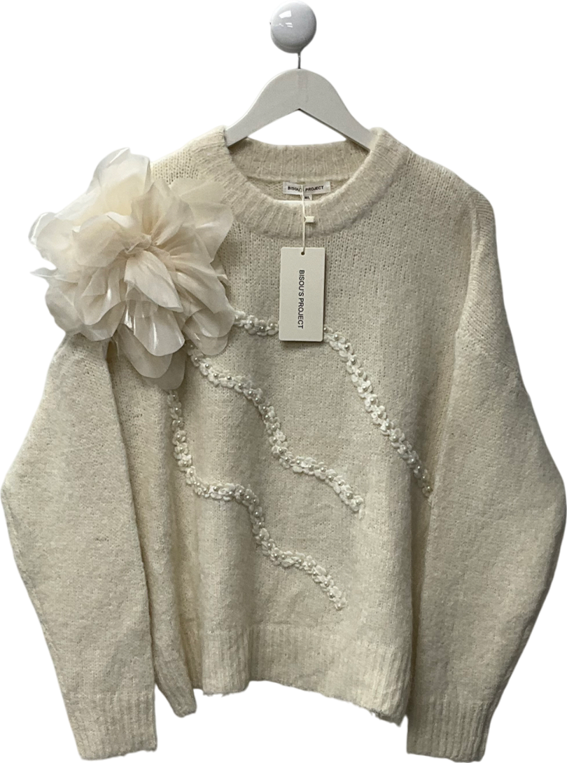 Bisou's Project White Fleur Knit With Large Flower And Pearls UK M/L