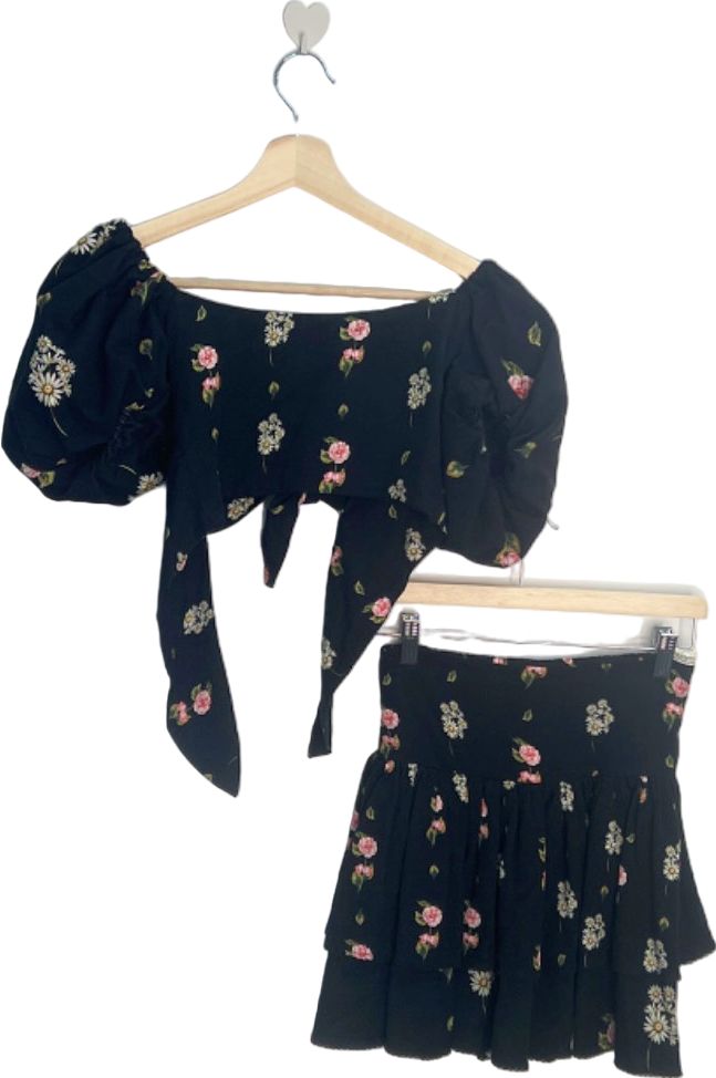 Agua Bendita Black Floral Crop Top and Skirt Set UK 8