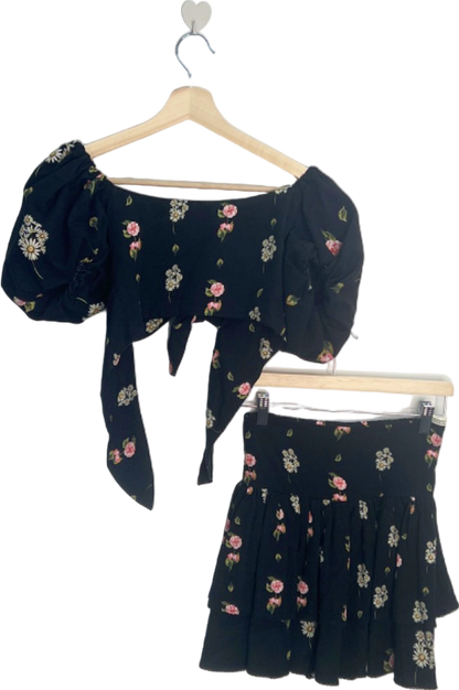 Agua Bendita Black Floral Crop Top and Skirt Set UK 8