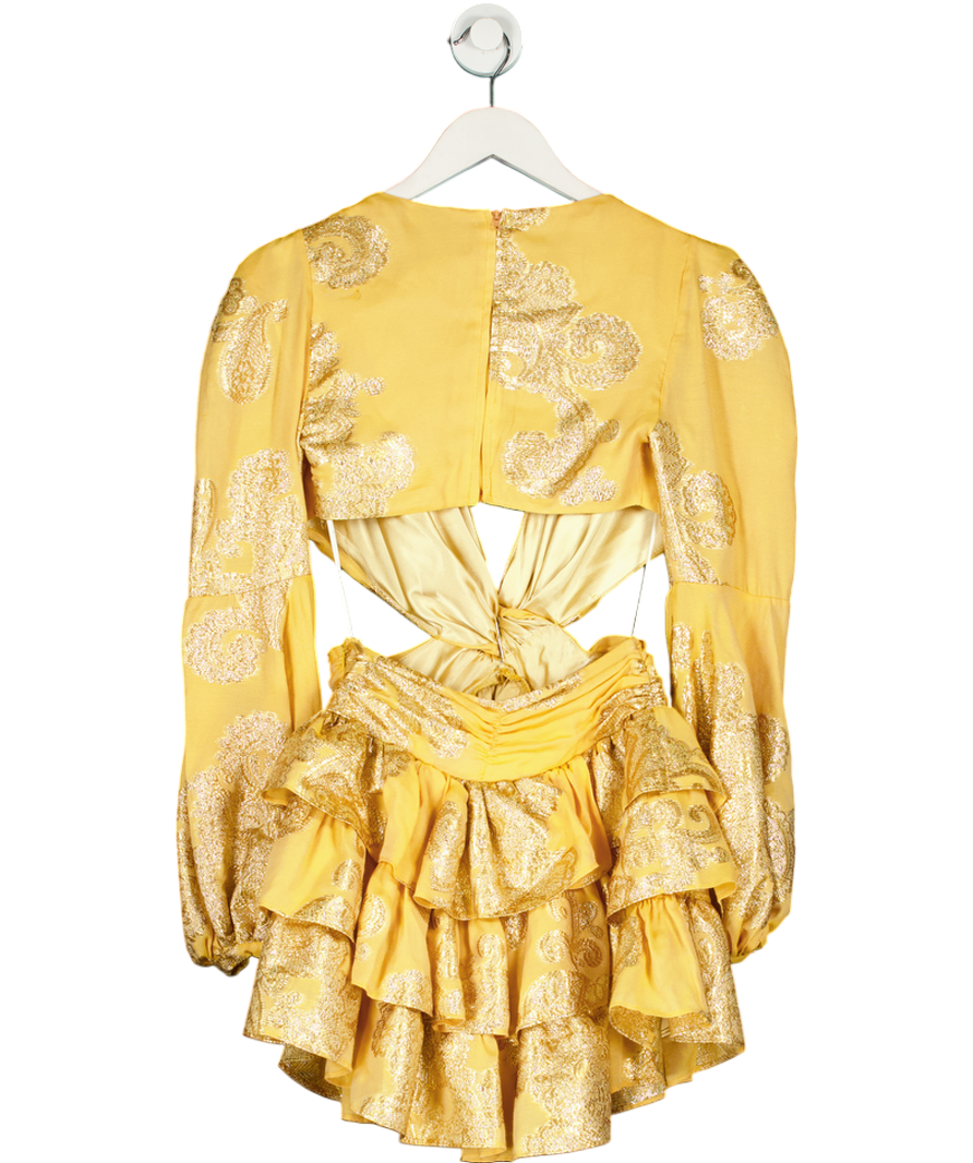 New Arrivals yellow metallic jacquard Print Mini Dress UK 10
